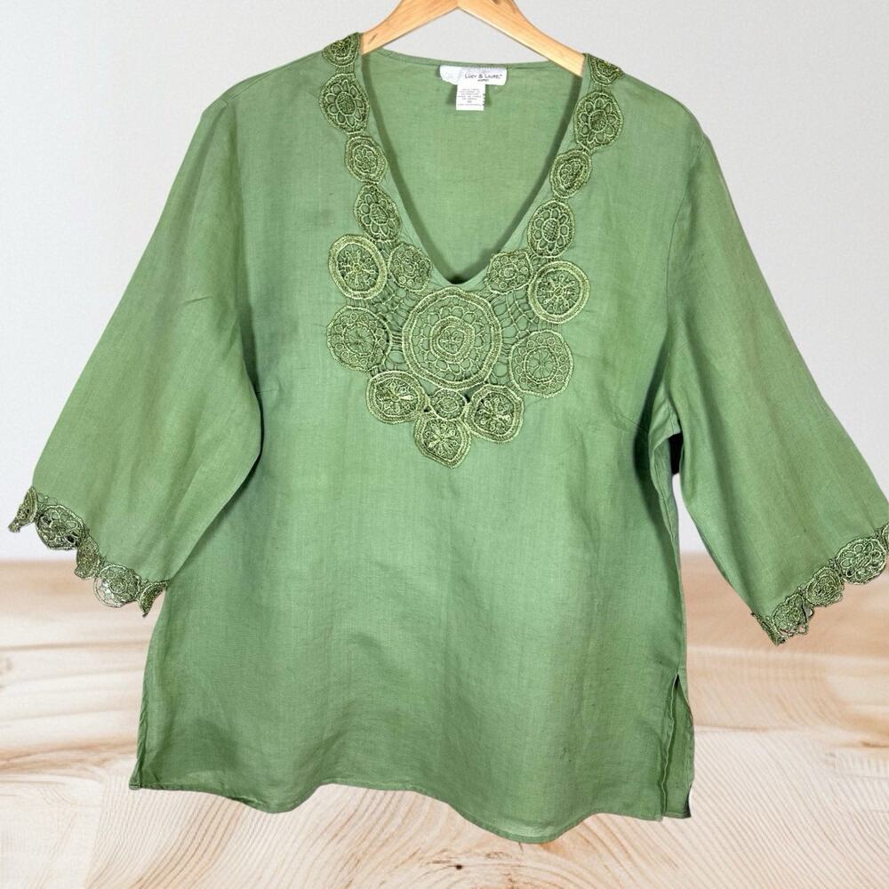 Lucy &‎ Laurel Tunic Top Sz 1x 100% Linen Soft Green 3/4 Sleeve Boho Lace Trim